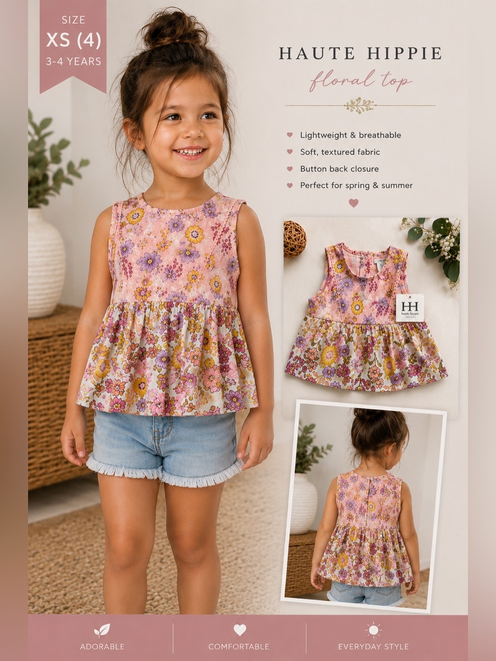 Haute Hippie Pink Floral Peplum Tank Top XS 3-4 years